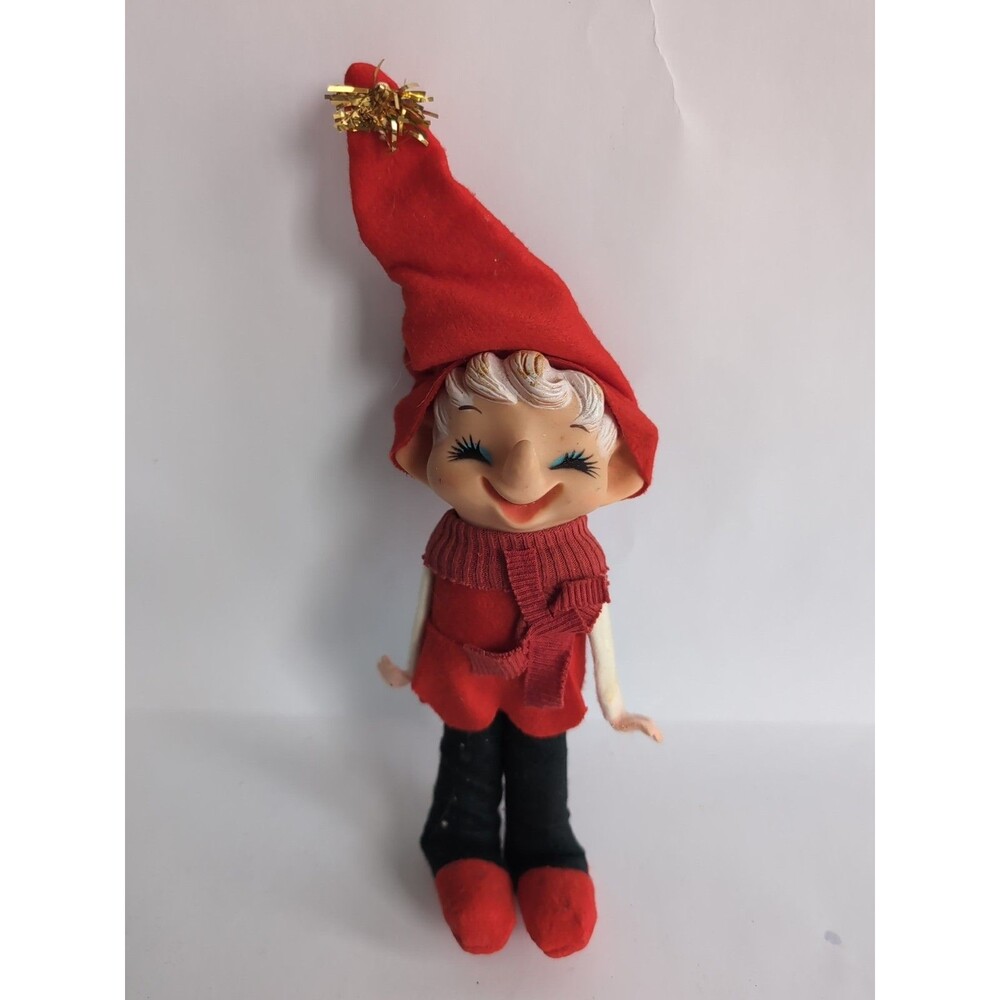 Vintage 50's Japan Elf Pixie Rubber Face 8” Felt Ornament MCM Poseable Arms Red